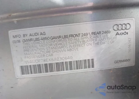 2006 Audi A4 2.0T z USA, uszkodzony, nr VIN WAUDF78EX6A230640